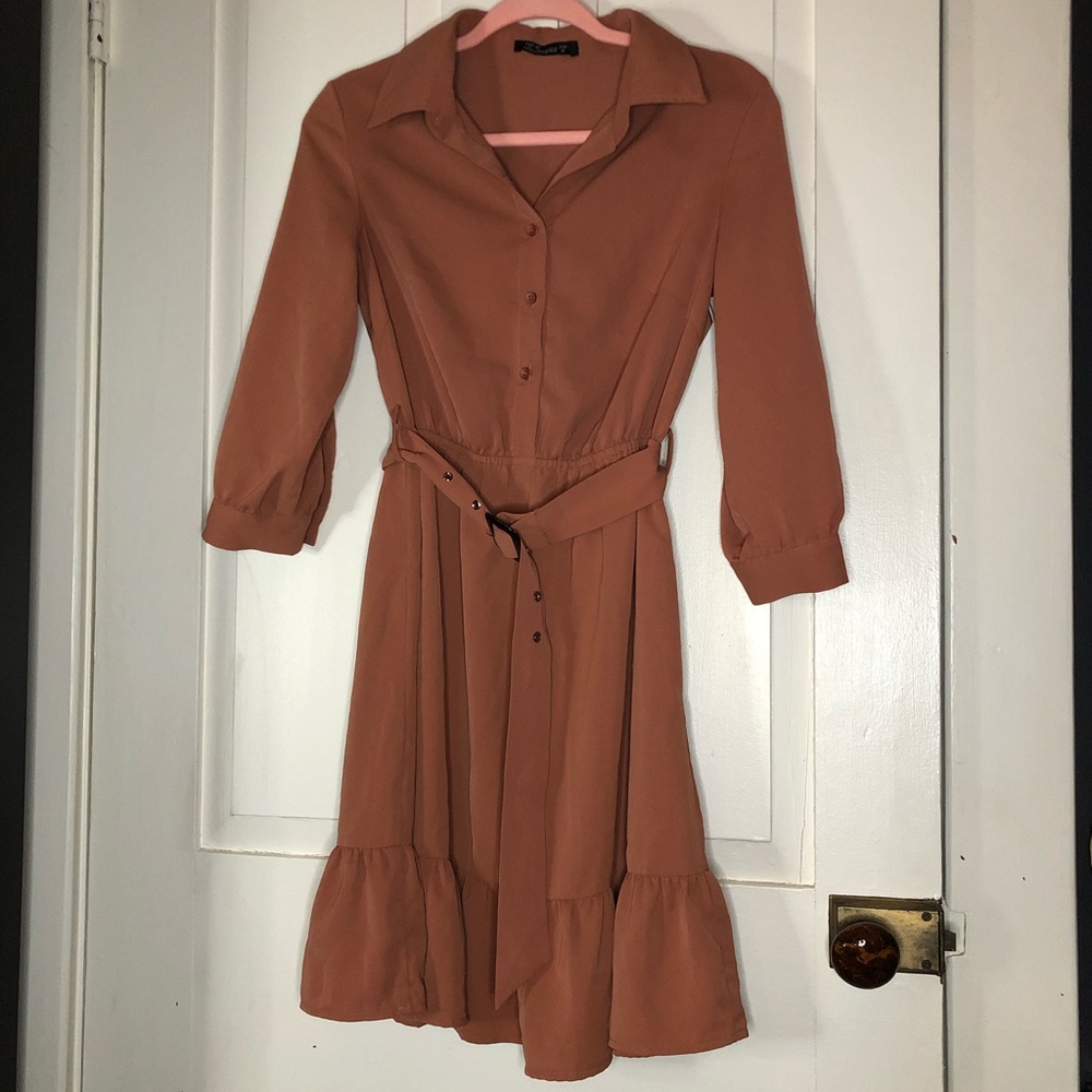 Simplee button ruffled long sleeve dress with belt